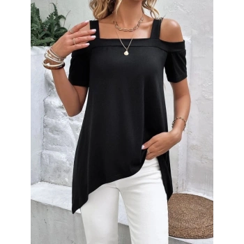 MARSiLYAN- Kadın Kısa Kollu Omuzlardan Açık Askılı Asimetrik Kesim Viskon Bluz