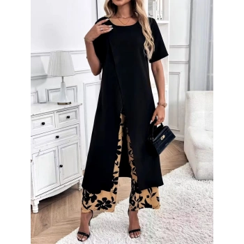 MARSiLYAN- Kadın Kısa Kollu önden çapraz Detaylı Viskon Uzun Bluz Ve Desenli Iki Iplik Pantolon Ikili Takım