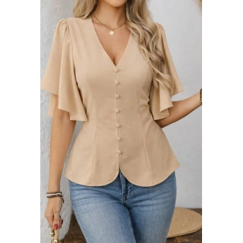 MARSiLYAN- Kadın Kısa Kollu önden Düğmeli Ithal Krep Bluz