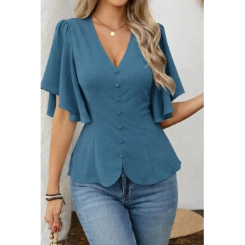 MARSiLYAN- Kadın Kısa Kollu önden Düğmeli Ithal Krep Bluz