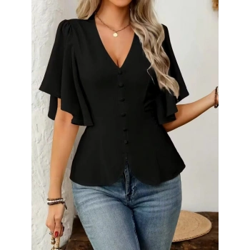 MARSiLYAN- Kadın Kısa Kollu önden Düğmeli Ithal Krep Bluz