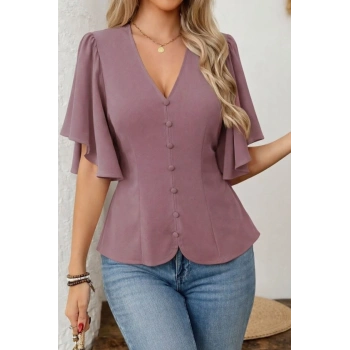 MARSiLYAN- Kadın Kısa Kollu önden Düğmeli Ithal Krep Bluz
