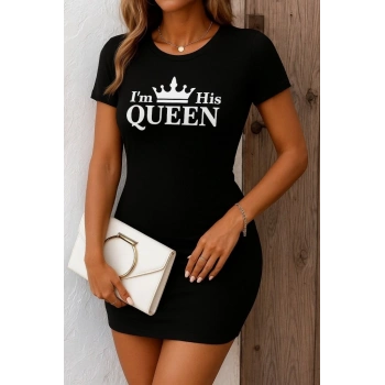 MARSiLYAN- Kadın Kısa Kollu Queen Baskı Iki Iplik Mini Elbise