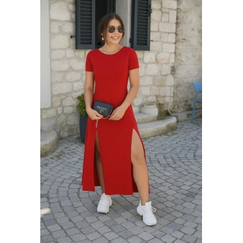 MARSiLYAN- Kadın Kısa Kollu Sırt Dekolteli Yırtmaç Detaylı Viskon Elbise