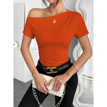 MARSiLYAN- Kadın Kısa Kollu Tek Omuzu Açık Büzgülü Viskon Bluz