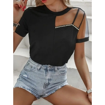 MARSiLYAN- Kadın Kısa Kollu Tül Detaylı Taşlı Janjan Krep Bluz