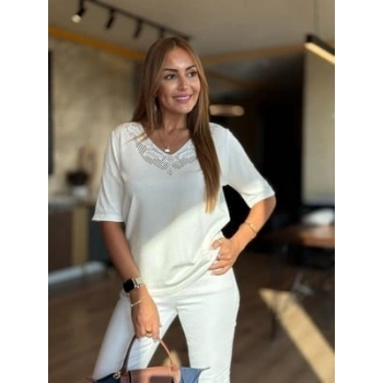 MARSiLYAN- Kadın Kısa Kollu V Yaka Ajurlu Triko BluZ