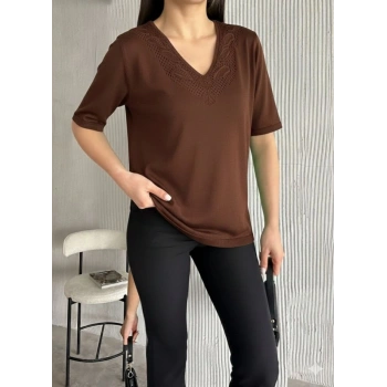 MARSiLYAN- Kadın Kısa Kollu V Yaka Ajurlu Triko BluZ