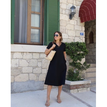 MARSiLYAN- Kadın Kısa Kollu V Yaka Cepli A Kesim Detaylı Viskon Elbise
