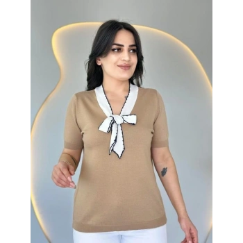 MARSiLYAN- Kadın Kısa Kollu V Yaka Fular Detay Merserize Triko Bbluz