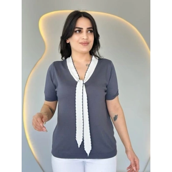 MARSiLYAN- Kadın Kısa Kollu V Yaka Fular Detay Merserize Triko Bbluz