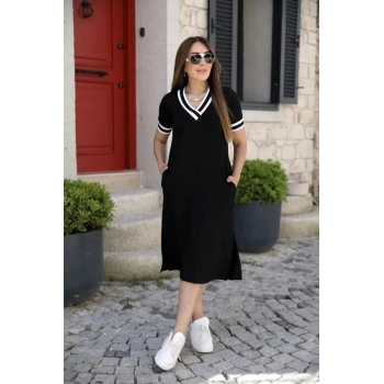 MARSiLYAN- Kadın Kısa Kollu V Yaka Kol Ve Yaka Ribana Detay Midi Boy Viskon Elbise