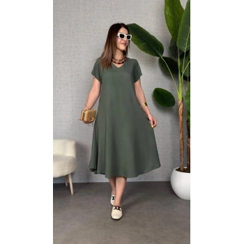 MARSiLYAN- Kadın Kısa Kollu V Yaka Salaş Maxi Boy Elbise