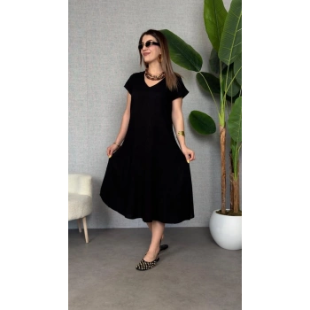 MARSiLYAN- Kadın Kısa Kollu V Yaka Salaş Maxi Boy Elbise