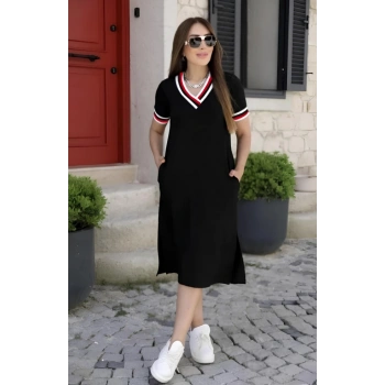 MARSiLYAN- Kadın Kısa Kollu V Yaka Ve Yaka Ribana Detay Midiboy Viskon Elbise