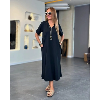 MARSiLYAN- Kadın Kısa Kollu V Yakalı Cep Detaylı Uzun Viskon Iki Iplik Elbise