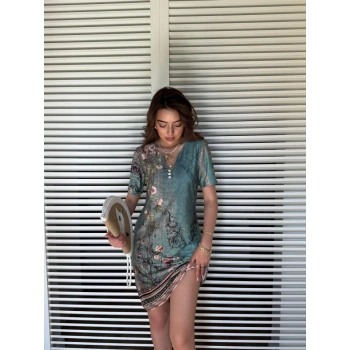 MARSiLYAN- Kadın Kısa Kollu V Yakalı çiçek Baskılı Midi Süprem Elbise