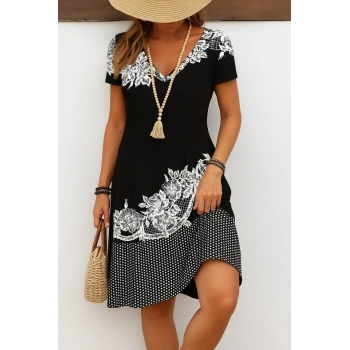 MARSiLYAN- Kadın Kısa Kollu V Yakalı çiçek Baskılı Süprem Elbise