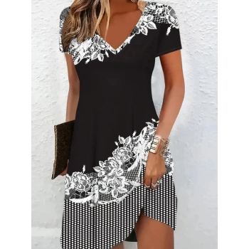 MARSiLYAN- Kadın Kısa Kollu V Yakalı çiçek Baskılı Süprem Elbise