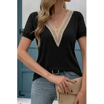 MARSiLYAN- Kadın Kısa Kollu V Yakalı Dantel Detaylı Viskon Bluz