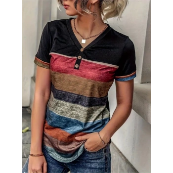 MARSiLYAN- Kadın Kısa Kollu V Yakalı Düğmeli çok Renkli Süprem Bluz