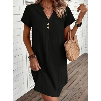 MARSiLYAN- Kadın Kısa Kollu V Yakalı Düğmeli Müslim Kısa Elbise