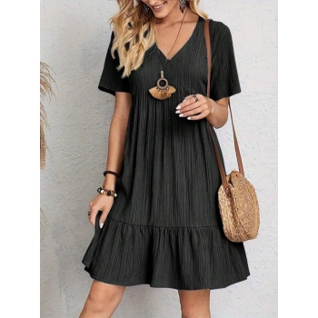 MARSiLYAN- Kadın Kısa Kollu V Yakalı Fırfırlı Bürümcük Elbise