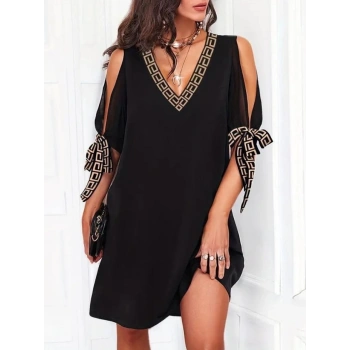 MARSiLYAN- Kadın Kısa Kollu V Yakalı Kısa Sandy Elbise