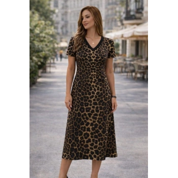 MARSiLYAN- Kadın Kısa Kollu V Yakalı Leopar Desenli Kısa Süprem Elbise