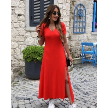 MARSiLYAN- Kadın Kısa Kollu V Yakalı Maksi Boy Viskon Elbise