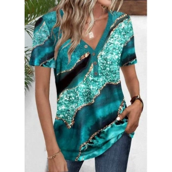 MARSiLYAN- Kadın Kısa Kollu V Yakalı önden Düğmeli Baskılı Süprem Bluz