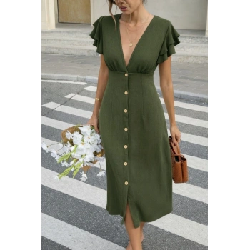 MARSiLYAN- Kadın Kısa Kollu V Yakalı önden Düğmeli Bürümcük Midi Elbise