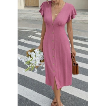 MARSiLYAN- Kadın Kısa Kollu V Yakalı önden Düğmeli Bürümcük Midi Elbise