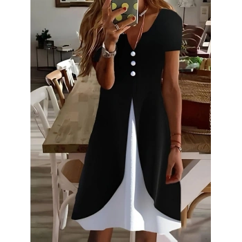 MARSiLYAN- Kadın Kısa Kollu V Yakalı önden Düğmeli çift Renkli Viskon Elbise