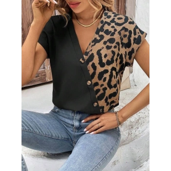 MARSiLYAN- Kadın Kısa Kollu V Yakalı önden Düğmeli Leopar Desen Detaylı Viskon Bluz