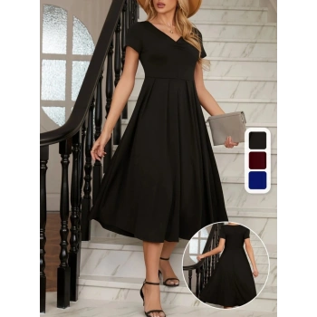 MARSiLYAN- Kadın Kısa Kollu V Yakalı önden Pileli Midi Janjan Krep Elbise