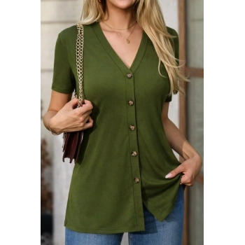 MARSiLYAN- Kadın Kısa Kollu V Yakalı önü Düğmeli Viskon Bluz