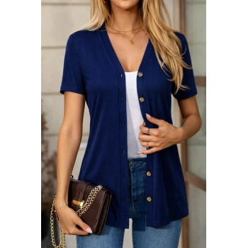 MARSiLYAN- Kadın Kısa Kollu V Yakalı önü Düğmeli Viskon Bluz