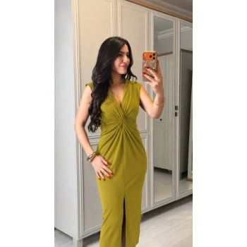 MARSiLYAN- Kadın Kısa Kollu V Yakalı önü Sarmal Detaylı Yırtmaçlı Sandy Midi Elbise