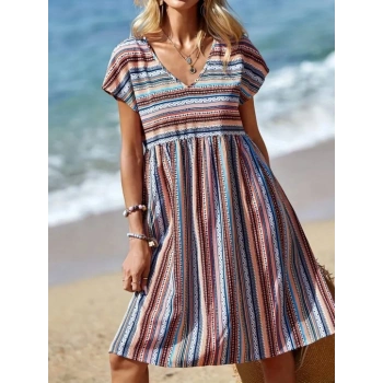 MARSiLYAN- Kadın Kısa Kollu V Yakalı Pile Detay Keten Elbise