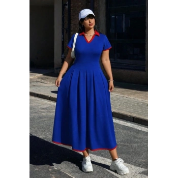 MARSiLYAN- Kadın Kısa Kollu V Yakalı Pileli Uzun Janjan Krep Elbise