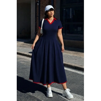 MARSiLYAN- Kadın Kısa Kollu V Yakalı Pileli Uzun Janjan Krep Elbise