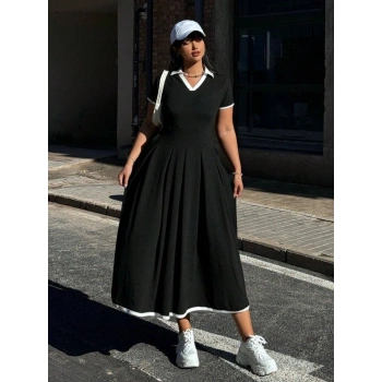 MARSiLYAN- Kadın Kısa Kollu V Yakalı Pileli Uzun Janjan Krep Elbise