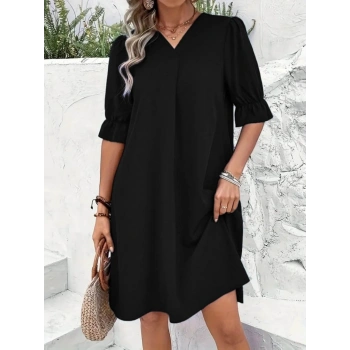 MARSiLYAN- Kadın Kısa Kollu V Yakalı Salaş Janjan Krep Elbise