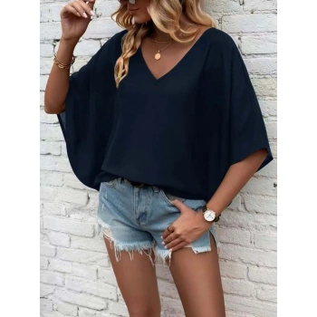 MARSiLYAN- Kadın Kısa Kollu V Yakalı Salaş Viskon Bluz