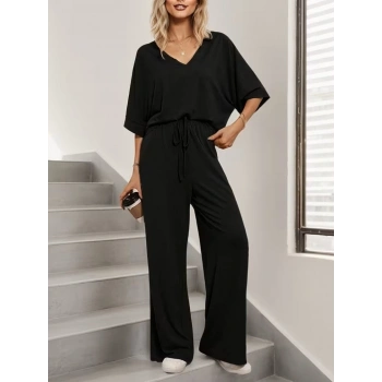 MARSiLYAN- Kadın Kısa Kollu V Yakalı Viskon Bluz Ve Pantolon Ikili Takım