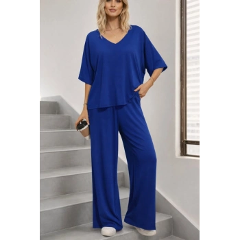 MARSiLYAN- Kadın Kısa Kollu V Yakalı Viskon Bluz Ve Pantolon Ikili Takım