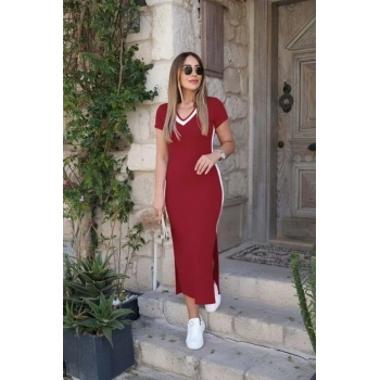 MARSiLYAN- Kadın Kısa Kollu V Yakalı Yandan şerit Ve Yırtmaçlı Viskon Uzun Elbise