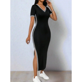 MARSiLYAN- Kadın Kısa Kollu V Yakalı Yandan Yırtmaçlı Viskon Iki Iplik Elbise