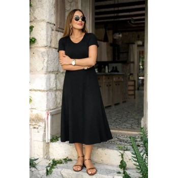 MARSiLYAN- Kadın Kısa Kollu V Yakalı Yırtmaçlı Midi Viskon Elbise